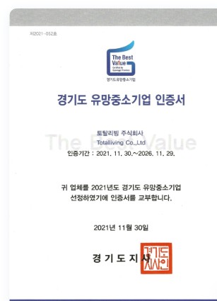 경기도유망중소기업인증서